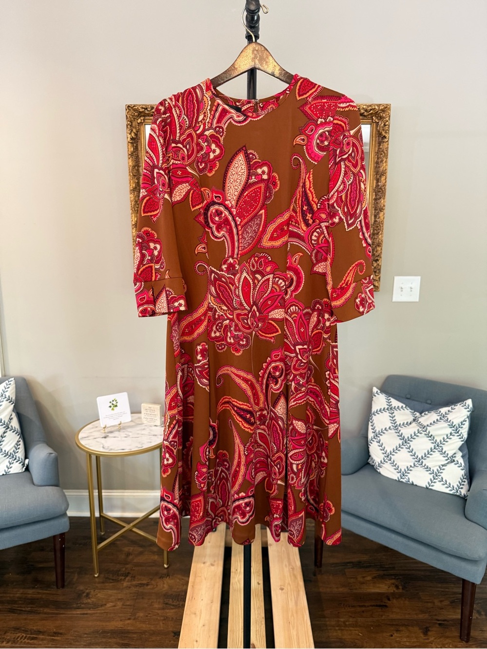 Donna Morgan Brown Midi Dress with Red Paisley Print